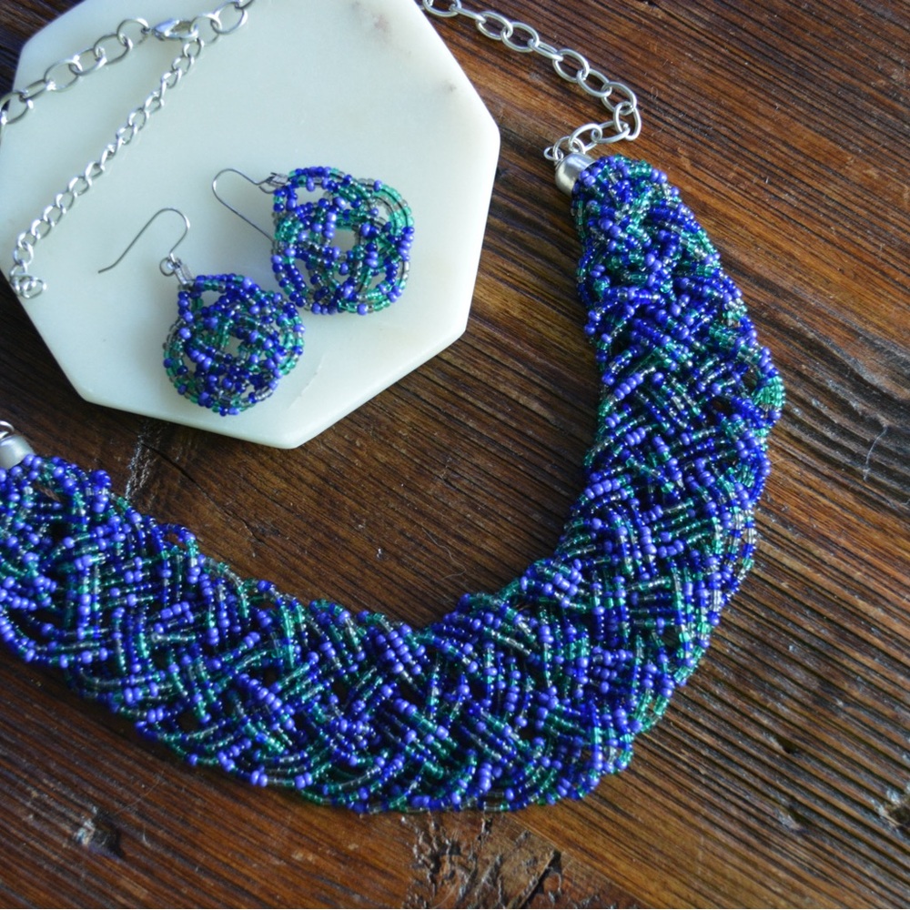 Set: Beaded Necklace and Earring - Blue and Green